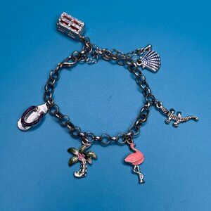 VTG Beach Tropical Themed Charm Bracelet Silver Tone Palm Tree Flamingo Shell 9"